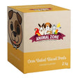 Animal Zone Baked Dog Biscuits 2kg box with chicken flavor, featuring various pet illustrations on the packaging.