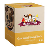 Animal Zone Baked Dog Biscuits 2kg box with chicken flavor, featuring various pet illustrations on the packaging.