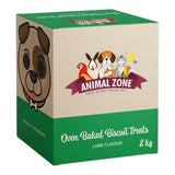 Animal Zone Baked Dog Biscuits 2kg box featuring assorted animal graphics and lamb flavor.