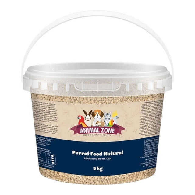 Animal Zone Parrot Food Natural 3kg bucket with roasted grains and vegetables for a balanced parrot diet.