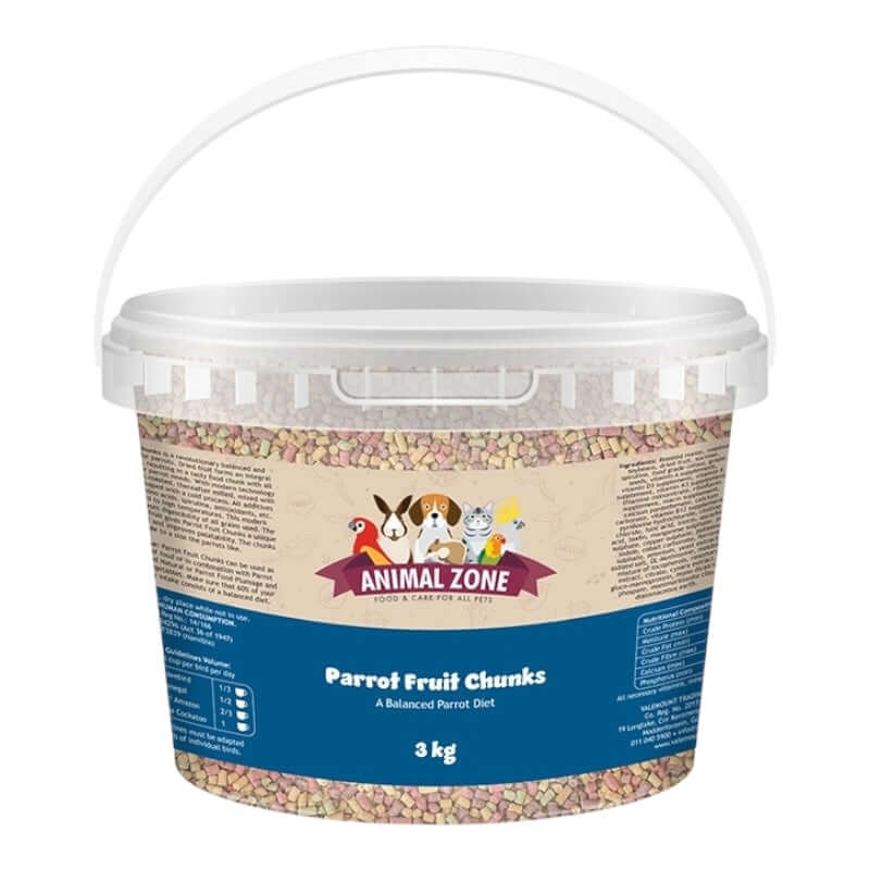 Animal Zone Parrot Fruit Chunks 3 kg bucket with balanced diet of fruits, grains, and vegetables for parrots.