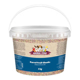 Animal Zone Parrot Fruit Chunks 3 kg bucket with balanced diet of fruits, grains, and vegetables for parrots.