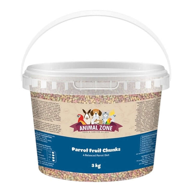 Animal Zone Parrot Fruit Chunks 3 kg bucket with balanced diet of fruits, grains, and vegetables for parrots.