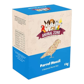 Animal Zone Parrot Muesli 1kg box featuring a balanced parrot diet with grains, peanuts, and dried fruits.