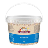 Animal Zone Parrot Muesli 3 kg tub featuring a balanced diet with grains, nuts, and dried fruits for parrots.