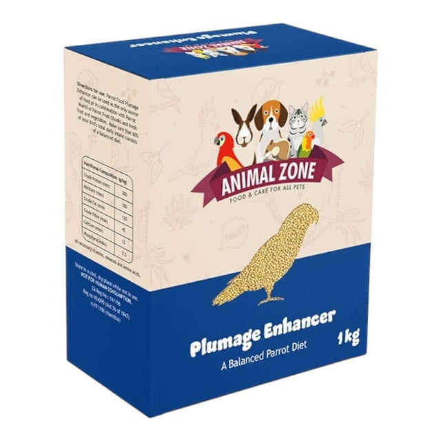 Animal Zone Parrot Plumage Enhancer 1kg pack, a nutritious diet promoting vibrant parrot feathers.