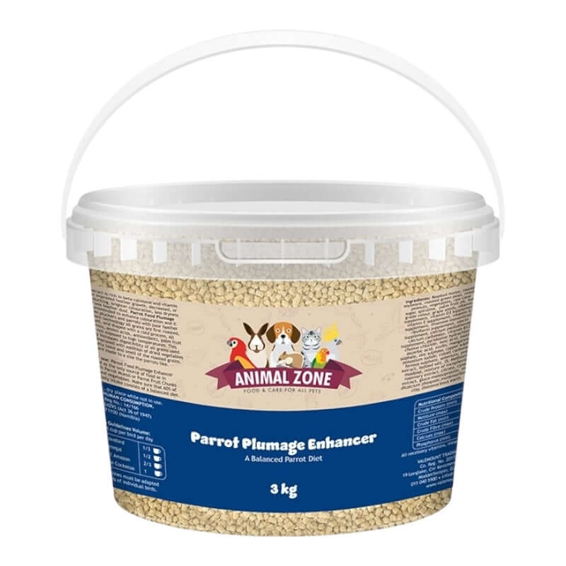Animal Zone Parrot Plumage Enhancer, 3 kg bucket for a balanced parrot diet rich in vitamins and nutrients.