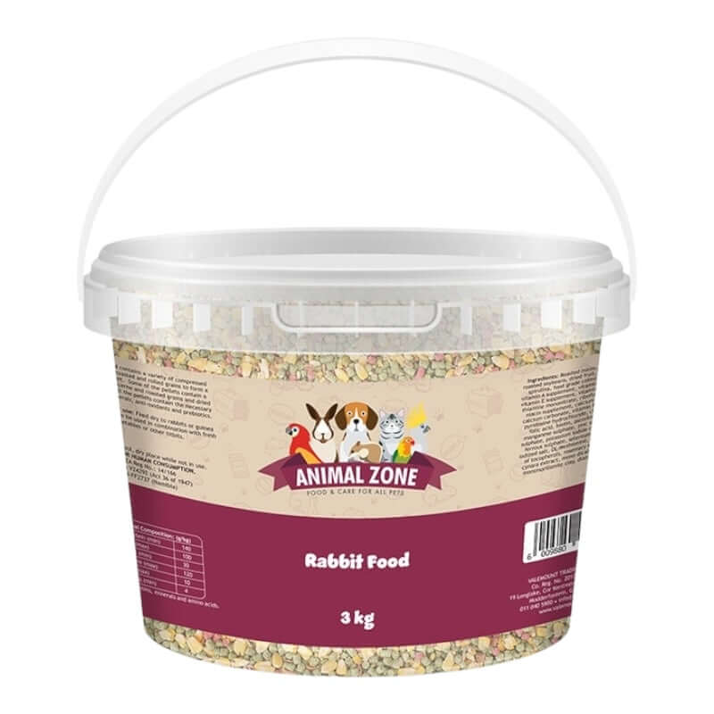 Animal Zone Rabbit Food 3 kg bucket featuring compressed pellets and grains for balanced rabbit nutrition.