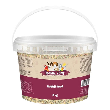 Animal Zone Rabbit Food 3 kg bucket featuring compressed pellets and grains for balanced rabbit nutrition.