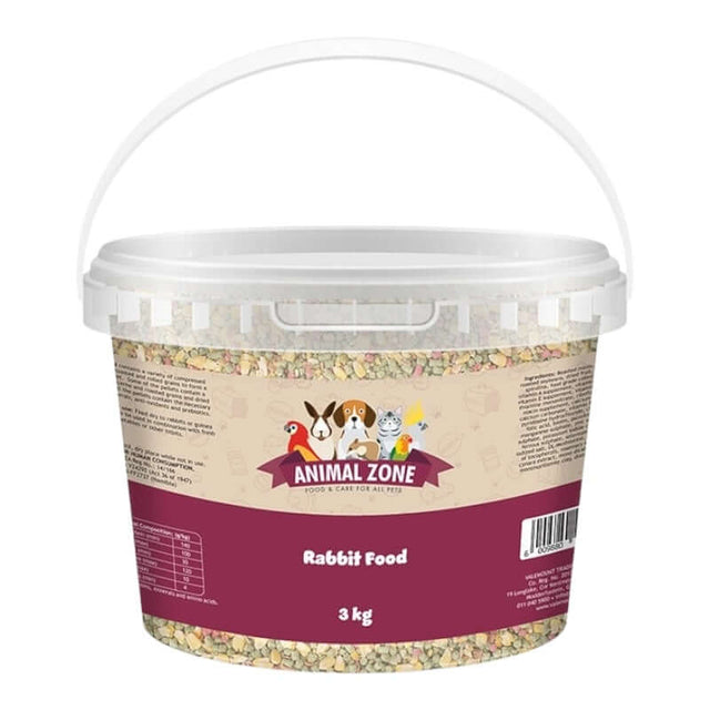 Animal Zone Rabbit Food 3 kg bucket featuring compressed pellets and grains for balanced rabbit nutrition.