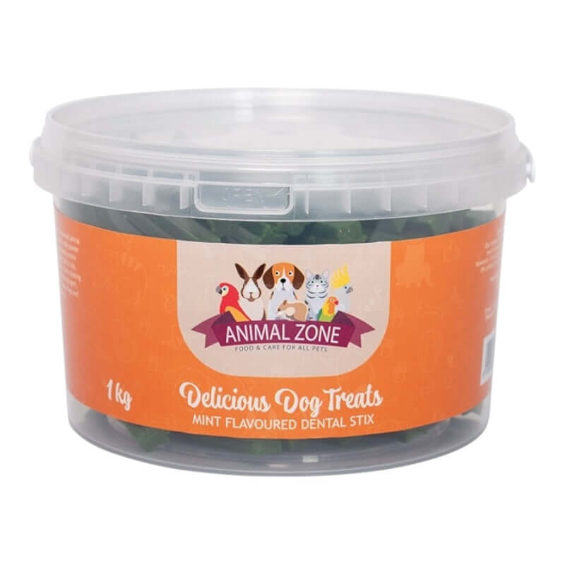 Animal Zone 1kg mint flavored dental stix dog treats in a re-sealable tub for fresh and healthy pet care.