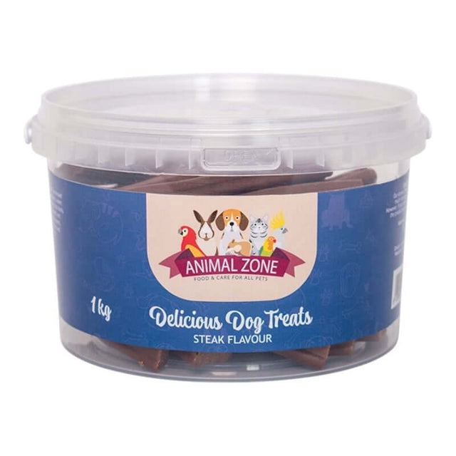 Animal Zone Semi Moist Dog Treats 1kg in a re-sealable tub, featuring steak flavor, perfect for training and rewarding dogs.