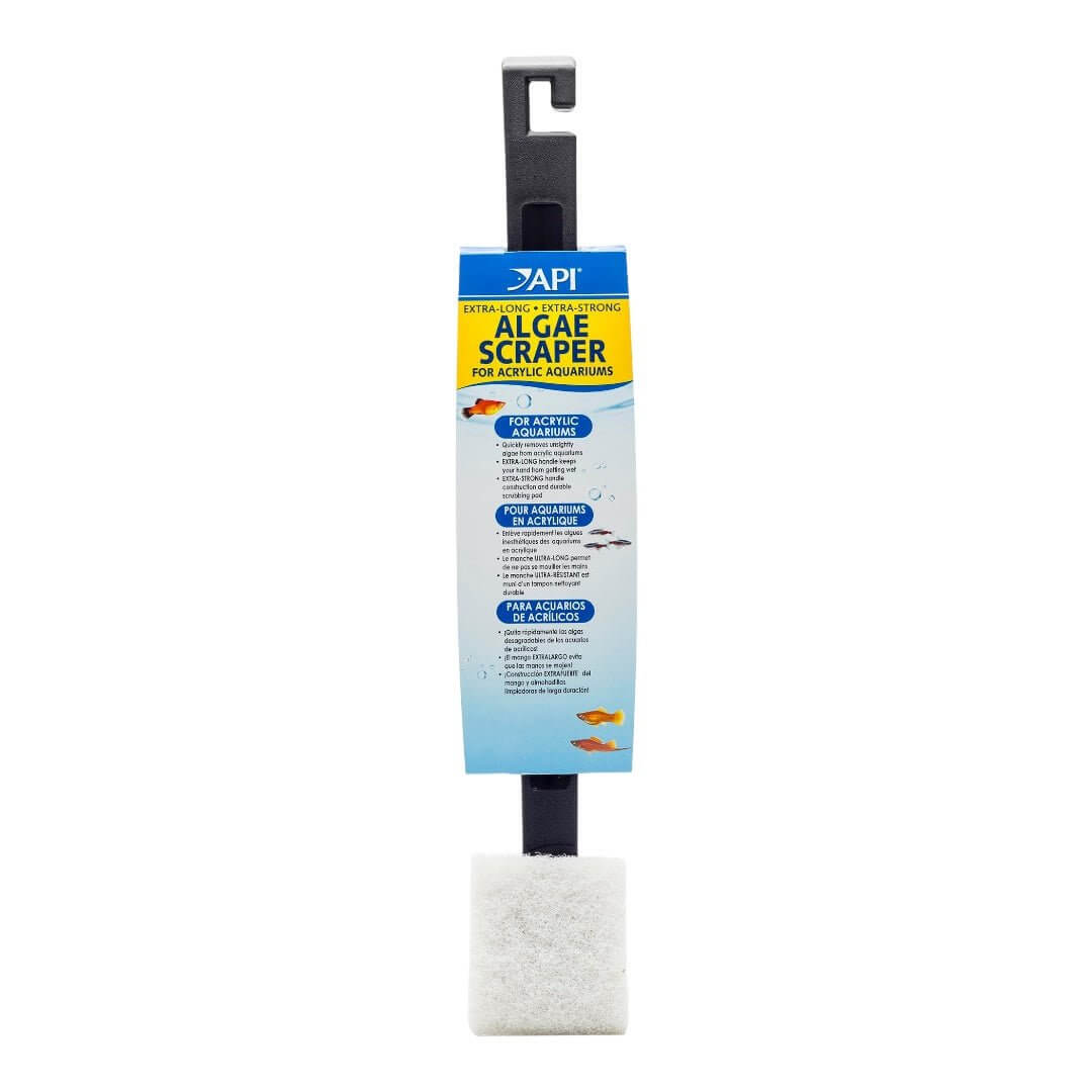 API algae scraper for acrylic aquariums with an 18” handle for effective algae removal and minimal mess.