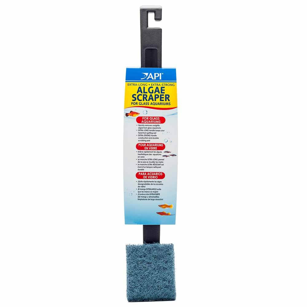 API Algae Scraper with 18” handle for effective cleaning of glass aquariums, featuring a durable algae removal pad.