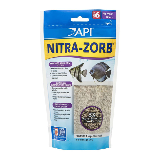 API Nitra-Zorb filtration media pouch for removing ammonia, nitrite, and nitrate in freshwater aquariums.