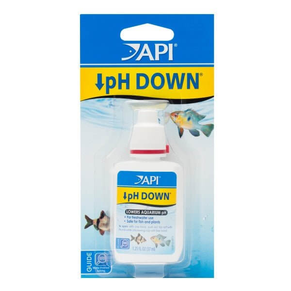 API pH Down product bottle for lowering pH in freshwater aquariums, ensuring healthy fish and plants.
