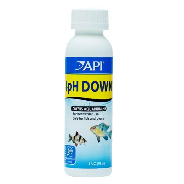 API pH Down bottle for lowering freshwater aquarium pH, safe for fish and plants. 4 oz liquid solution.
