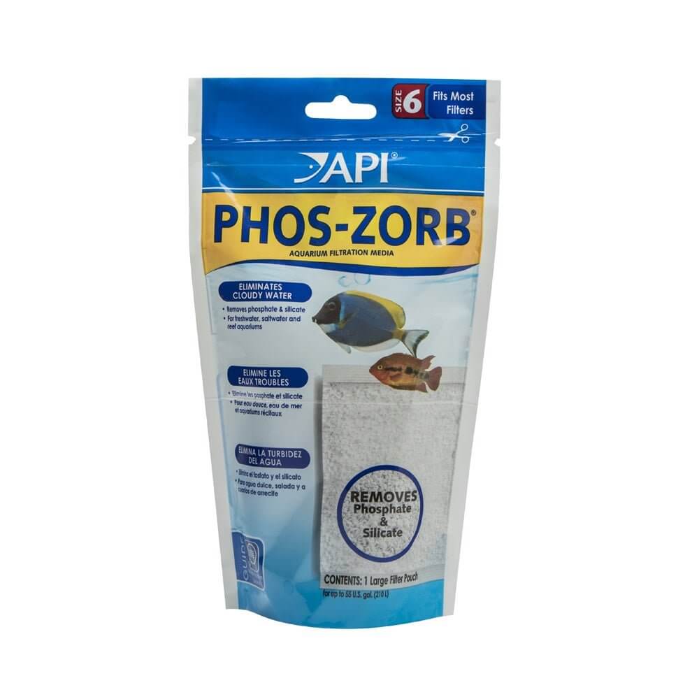 API Phos-Zorb filtration media packaging for aquariums, designed to eliminate cloudy water by removing phosphates and silicates.