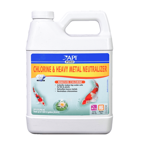 API Pond Chlorine and Heavy Metals Neutraliser bottle for making tap water safe for pond life.