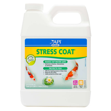 API Pond Stress Coat water conditioner in a white container, protects fish and makes tap water safe.
