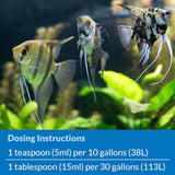 Three fish swimming in an aquarium with dosing instructions for API Stress Zyme Plus on a blue background.