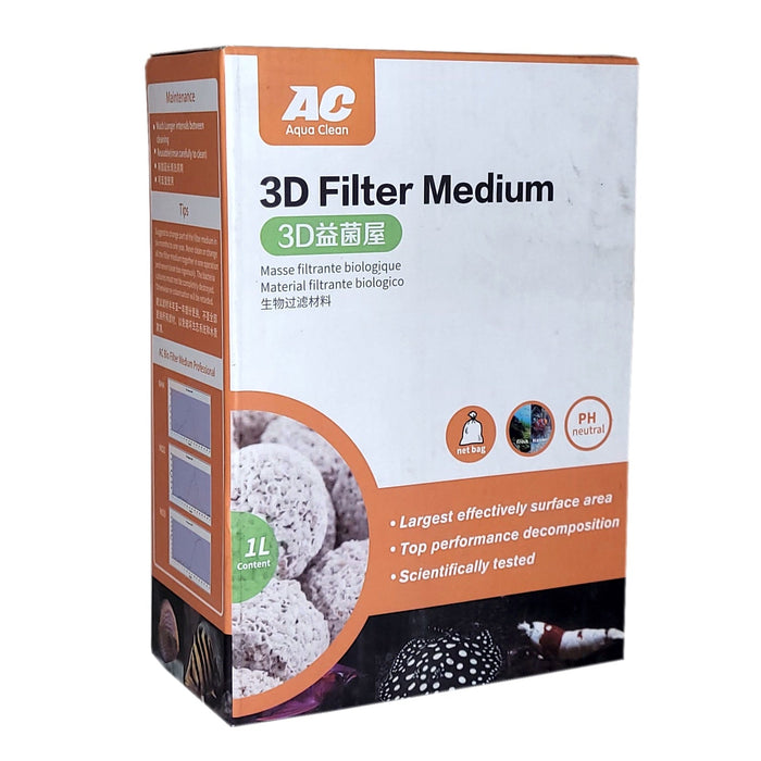 Aqua Clean 3D Filter Medium packaging showcasing high surface area and beneficial bacteria support for aquariums and ponds.