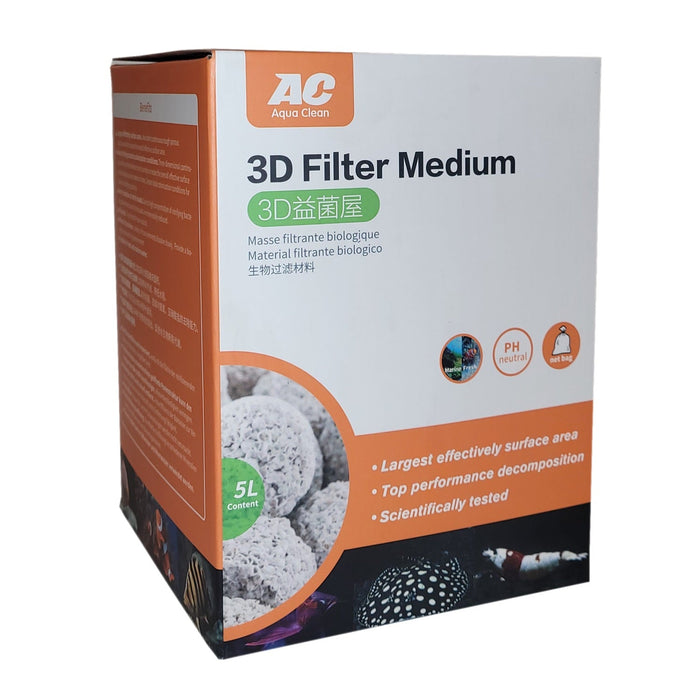 Aqua Clean 3D Filter Medium packaging highlighting high surface area and effective biological filtration for aquariums and ponds.