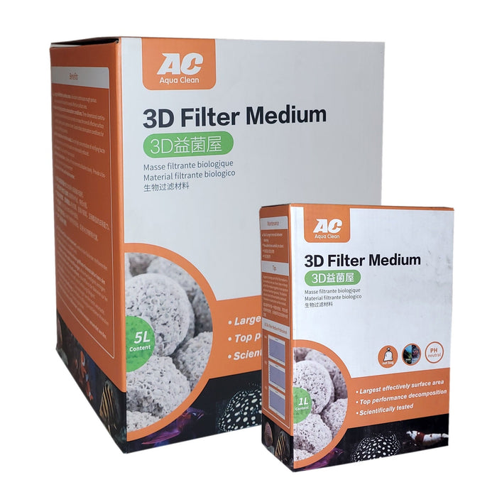 Aqua Clean 3D Filter Medium packaging showcasing 5L and 1L sizes for aquarium and pond filtration solutions.