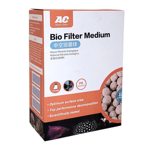 Aqua Clean Bio Filter Medium packaging features optimum surface area and top performance decomposition for effective water filtration.