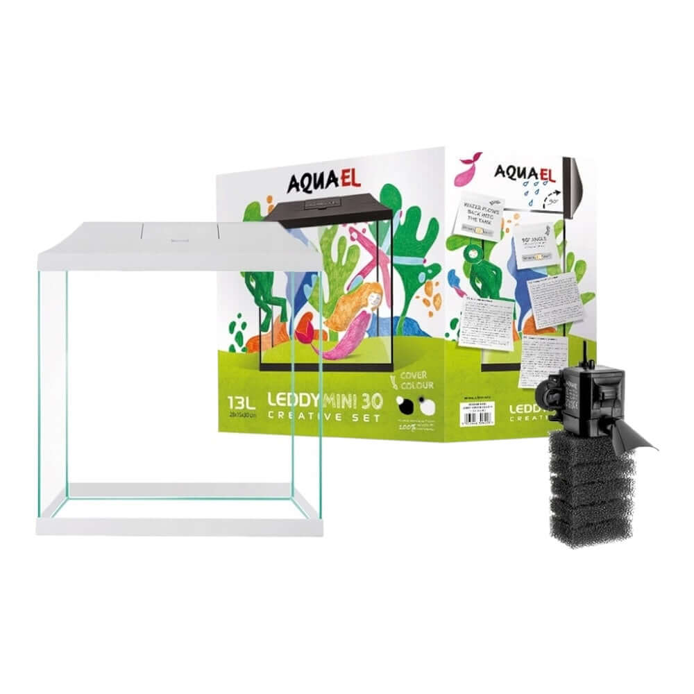 Aquael Leddy Mini 30 Creative Set aquarium with filter and colorful background design.