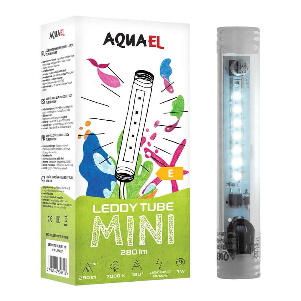 Aquael Leddy Tube Mini 3W lighting designed for Leddy Mini kits, showcasing energy efficiency and durability.