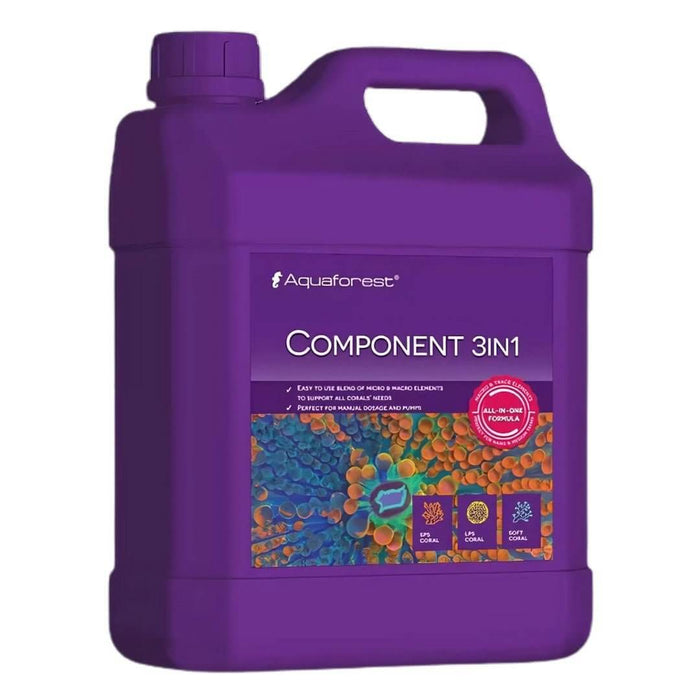 Aquaforest Component 3 in 1 bottle, a blend of macro and microelements for marine aquariums, easy to use and space-saving.