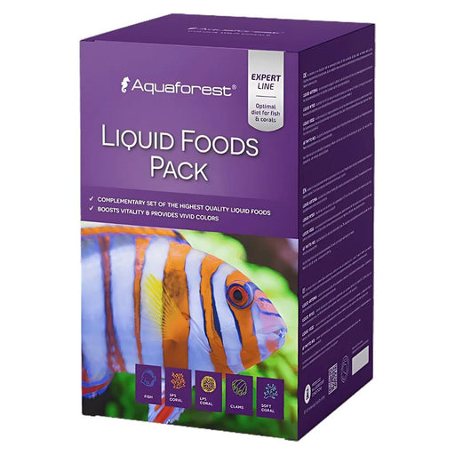 Aquaforest Liquid Foods Pack box for aquariums, featuring high-quality liquid foods for vibrant fish health and coloration.