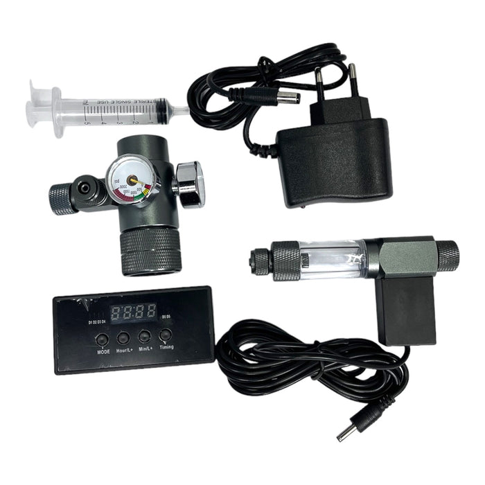 Aquapro Co2 Regulator N-Series components including regulator, gauge, adapter, and control unit for aquarium use.