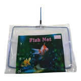 Aquarium fish net with blue handle in packaging, designed for easy fish retrieval in freshwater or saltwater aquariums.