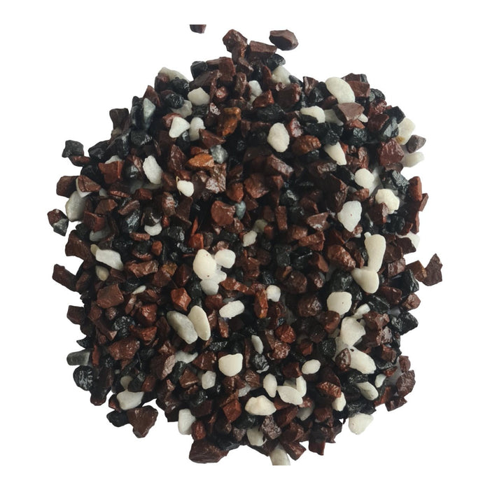 Premium natural aquarium gravel mix in shades of brown, black, and white, ideal for aquariums, size 0.5-0.8mm.