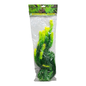 Aquarium Plastic Plant 107522 in packaging, vibrant green and yellow for fish tank decoration, fish-friendly and durable.