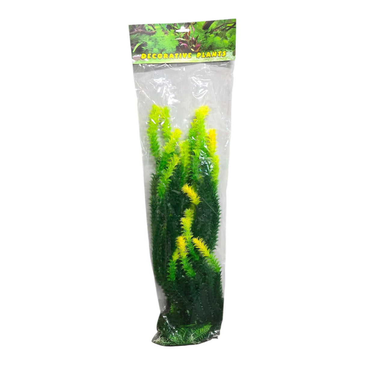 Aquarium Plastic Plant 107802 in packaging, enhancing fish tank decor with vibrant green and yellow colors.