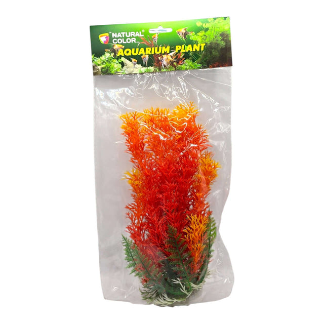 Vibrant orange and green aquarium plastic plant in packaging, perfect for fish tank decoration, model 014251.