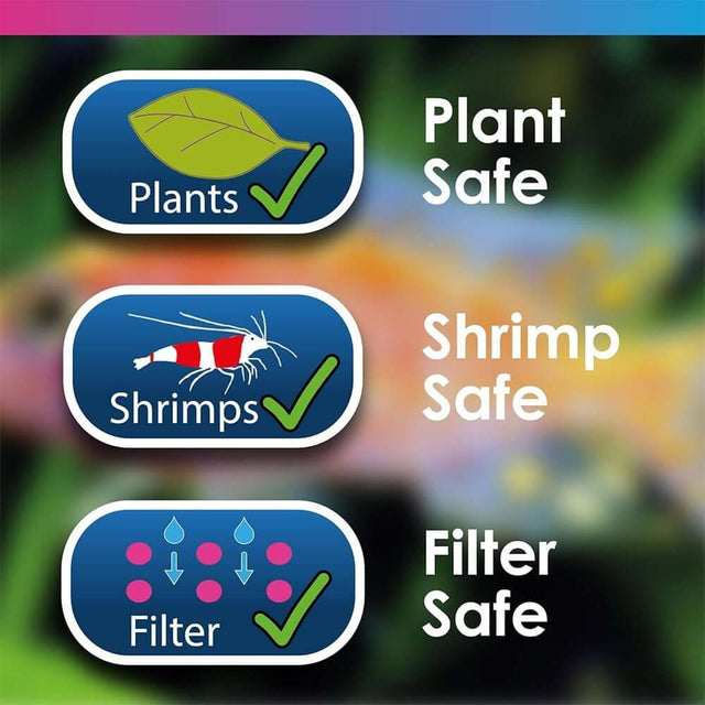Safety labels indicating Plant Safe, Shrimp Safe, and Filter Safe for aquarium products.