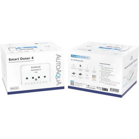 AutoAqua Smart Doser 4 Dosing Pump packaging with specifications and features displayed.
