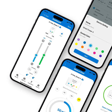 AutoAqua Smart Doser 4 Dosing Pump app interface with device settings and manual dosing options.