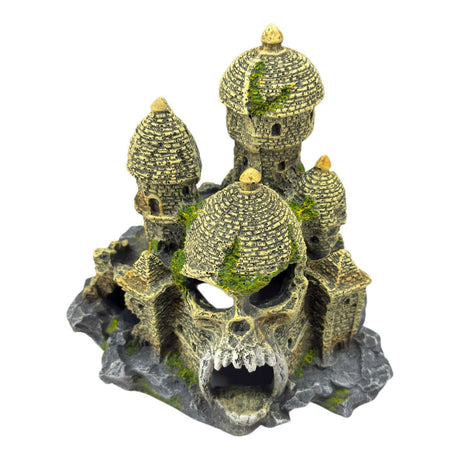 Baboon Skull Castle Ornament featuring rounded turrets and weathered stone look for aquariums.