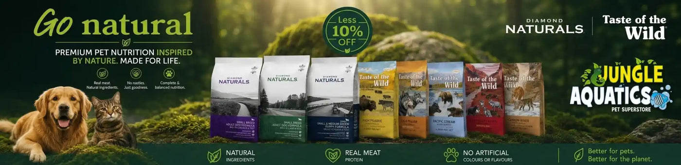 Go Natural premium pet nutrition products with pets on a natural backdrop, highlighting quality and ingredients.