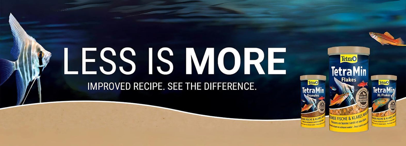 Banner showcasing TetraMin fish food with text 'Less is More' and various product containers against an underwater backdrop.