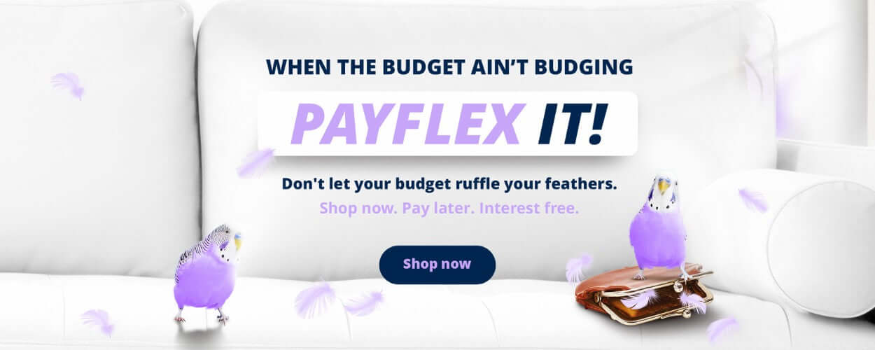 A playful promotion for Payflex featuring cartoon budgerigars on a couch, encouraging budget-friendly shopping options.