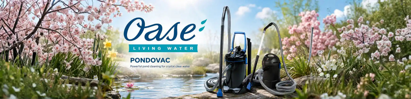 Oase Living Water Pondovac wet vacuum cleaner set displayed outdoors in a garden pond scene with cherry blossoms and water, featuring the vacuum and hose on a wooden platform.