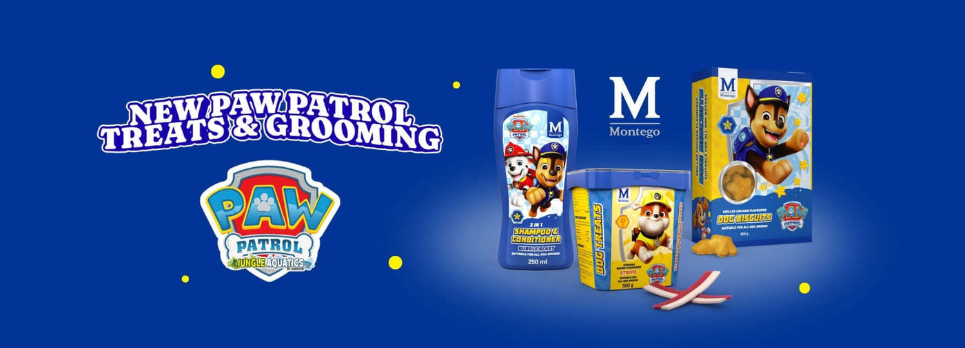 New Paw Patrol treats and grooming products displayed on a blue background featuring characters and logos.