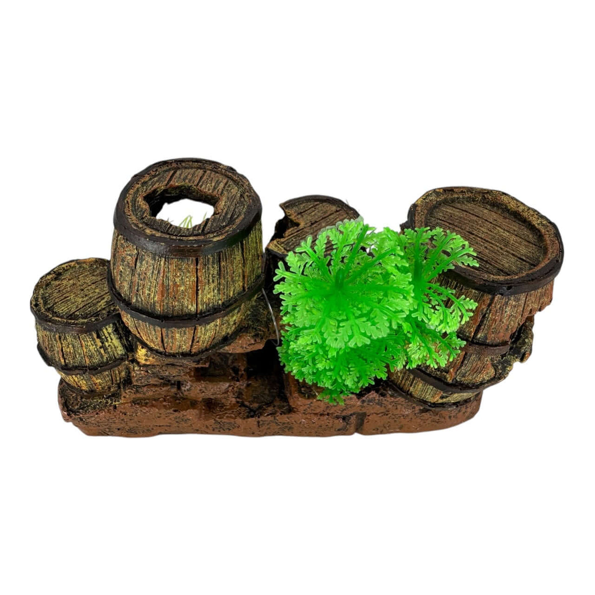 Barrels and Plants Aquarium Ornament featuring weathered barrels and vibrant green aquatic plant for aquarium decor.