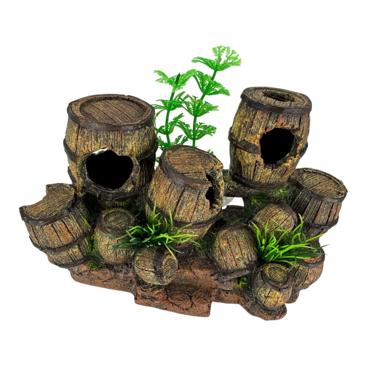 Barrels and Plants Aquarium Ornament featuring realistic weathered barrels and lush green plants for aquarium decor.